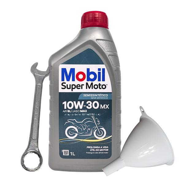 Kit Troca de Óleo Mobil 10W30 + Chave de Boca + Funil